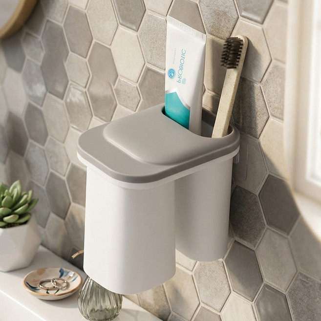 칫솔걸이 양치컵세트 물빠짐 세면도구 거치대, 1개, 화이트그레이 싱글형