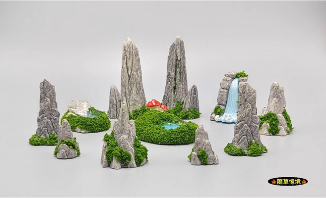 隨草憶境（山水系列）假山水擺件：湖泊瀑布奇石山峰 中國風苔蘚微景觀園藝造景, 單入（款式隨機不重覆，下標7發全套）
