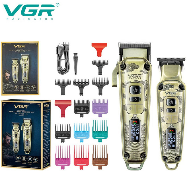 VGR V 643 2 in 1 남성용 헤어 트리밍 세트 메탈 릴리프 바디 전기 푸시 클리퍼 가정용 LED 디지털, USB