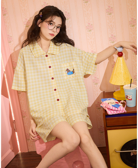 CHUNKER 雲朵棉格子睡衣女款夏季寬鬆家居服