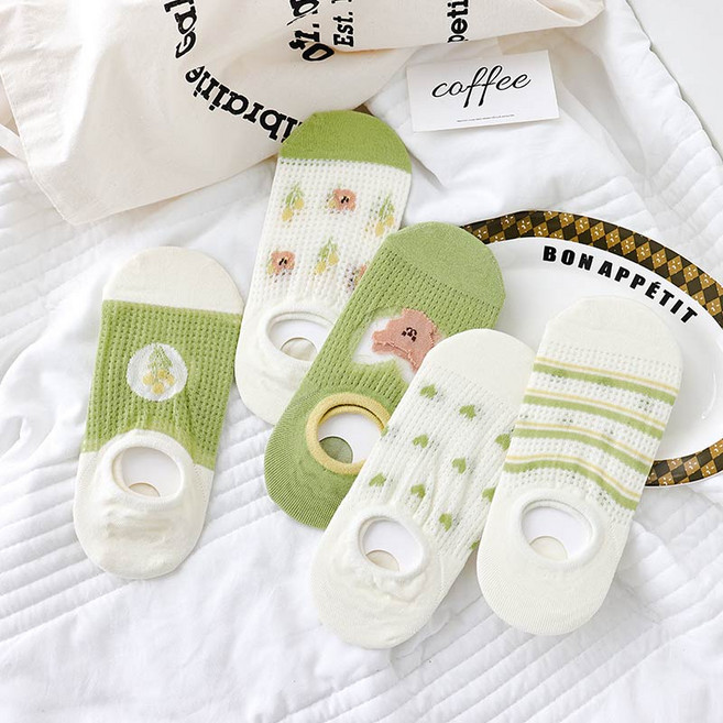 워더미 여름 파스텔 라임 시스루 메쉬 벗겨짐 방지 5P여자 덧신 W763