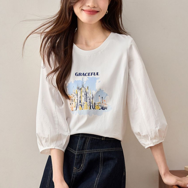 Makone 여성 티셔츠 라운드넥 캐주얼 패션 프린트 7부소매 심플