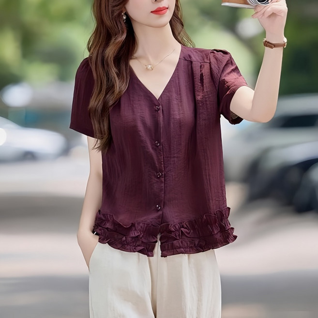 Makone 여성 브이넥 솔리드 싱글 브레스트 밑단 프릴트리밍 트랜드심플 루즈핏 반팔 블라우스