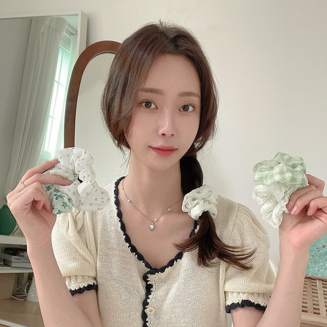 쉬폰 그린&화이트 패턴 스크런치 곱창밴드 5color 1set