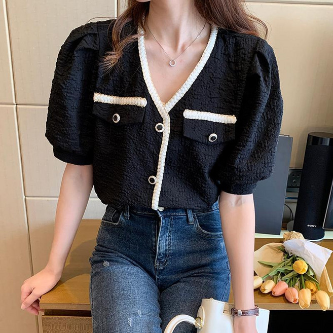 슬림소녀 여성 여름 반팔 블라우스 브이넥 퍼프 셔츠 상의