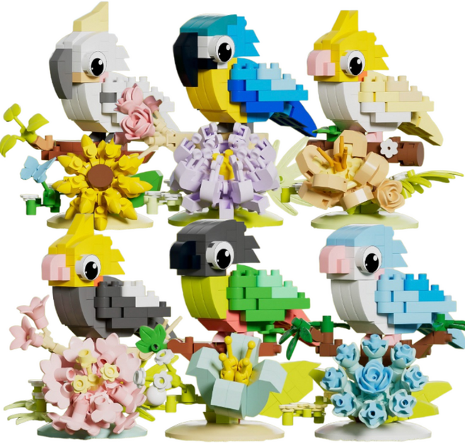 [나노킹-감성블럭] 플로럴 퍼치 버드 시리즈 DN068, 6개, 꽃에 앉은 새