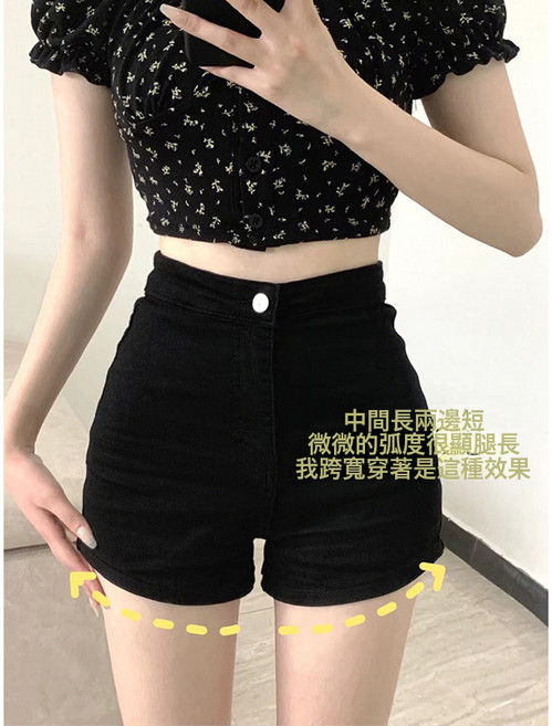 DFMEI 黑色緊身牛仔短褲女高腰小個子辣妹包臀熱褲超短褲子外穿直筒型