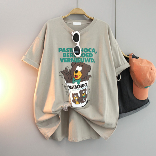 달콩 여성 빅사이즈 캐주얼 여름티 멜크베어프린팅박스반팔티