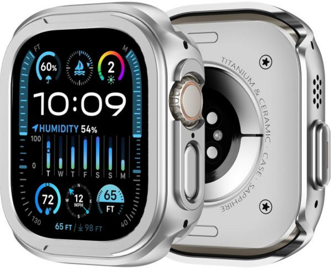 2in1 업그레이드 금속 케이스 애플워치 울트라 2울트라 49mm 호환 후면 커버 내구성 범퍼 보호 아이워치 골드, Silver, 1개