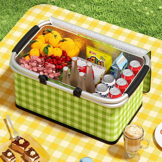 두꺼운 알루미늄 필름 대용량 아웃도어 보온박스 낚시용 박스 얼음 넣기 가능 접이식 단열 방습 냄새 없음 피크닉 필수 용기, 1개, 1단, 녹백 체크