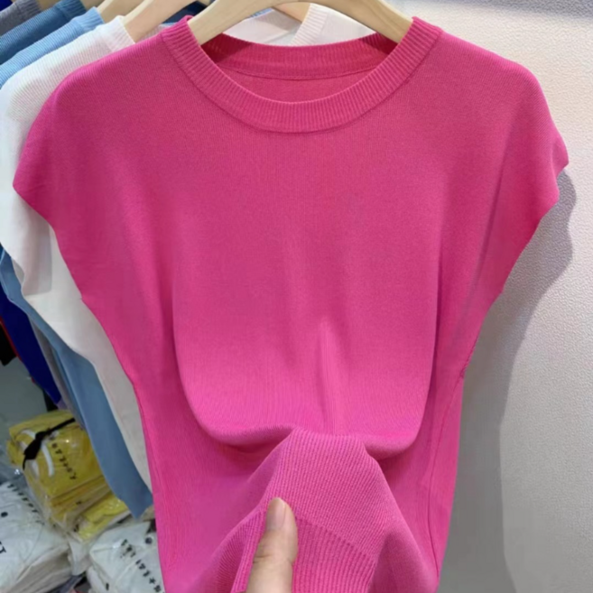 심플 데일리 레이어드 반팔 베이직 무지 라운드넥 아이스쿨 캡소매 니트티