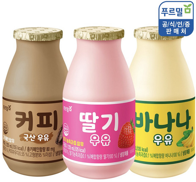 푸르밀 우유 225ml 3종 (커피 4개 + 딸기 4개 + 바나나 4개) 총12개, 12개