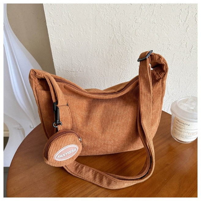 FANYISSA 燈芯絨水餃子母包 大容量斜背包 單肩休閒通勤包 淺棕色 附贈零錢包, 淺棕色(送零錢包)