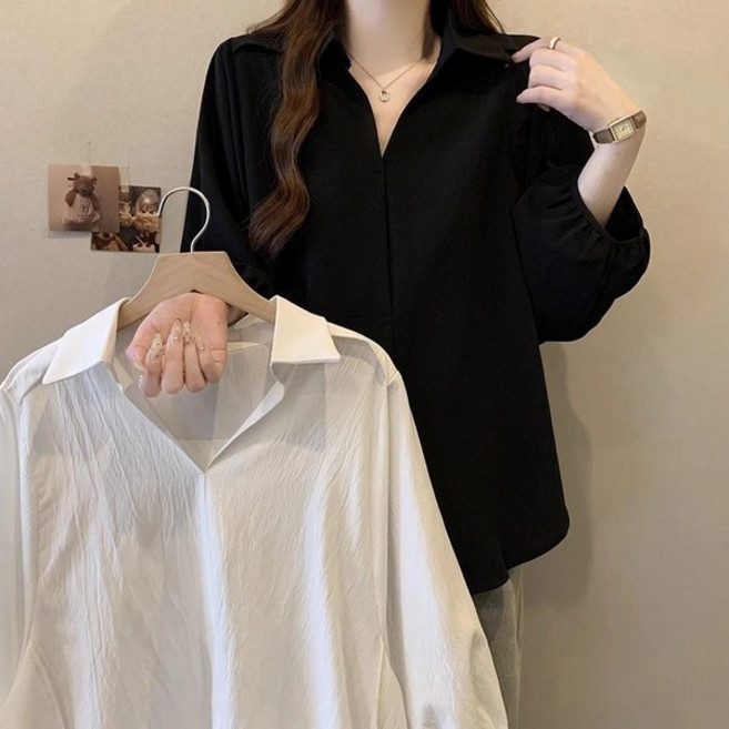(신상 추천) 90kg까지 빅사이즈 1+1 여성 브이넥 트임 벌룬 소매 날씬해보이는 셔츠 여름 편한 모던 언밸런스 디자인 플레어 고급 우아한 심플 무지 박스 부드러운 이쁜곳 남방