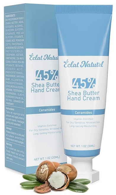 ÉCLAT NATUREL 시어 버터 핸드 크림 45% 버터와 비타민 E 모이스처라이저로 제작 딥 모이스처라이징 드라이 미니 로션 여행용 사이즈 29.6ml 1온스 1팩 221, Vitamin E & Ceramides, Vitamin E & Ceramides, 1