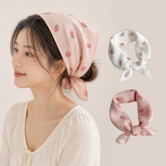 [큰손할인] 딸기손수건 여성 여름 스카프 봄 사각 헤어커치프 두건 목수건 귀여운 가제 순면 거즈 땀