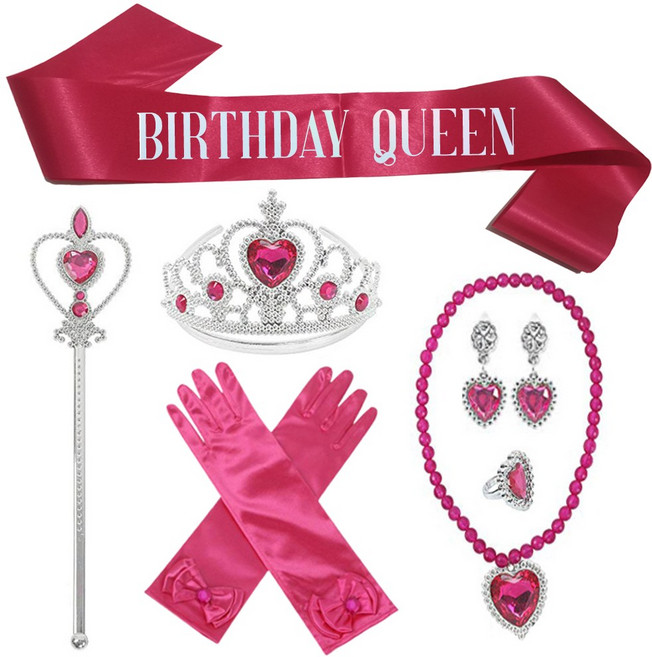 생일 파티 용품 티아라 + 어깨띠 + 액세서리 요술봉 코스튬 세트, 딥핑크 공주세트