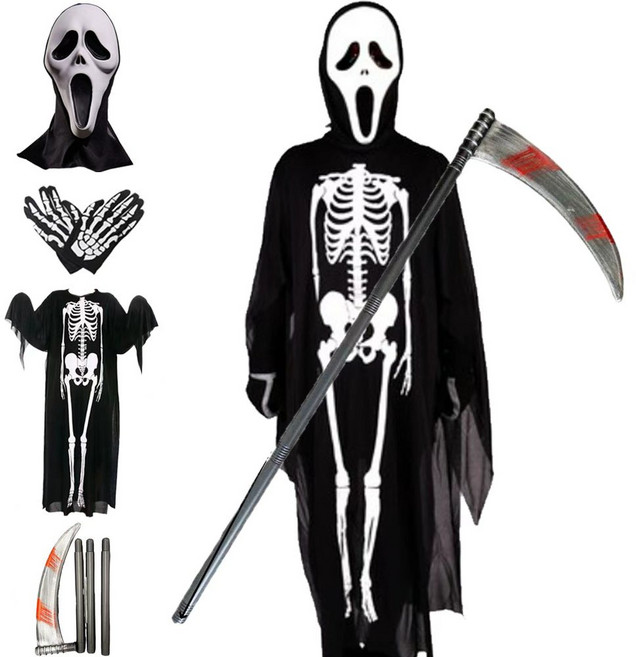 ROOICE 할로윈의상 해골 코스튬 망토+고급스크림가면+사신낫+장갑 세트