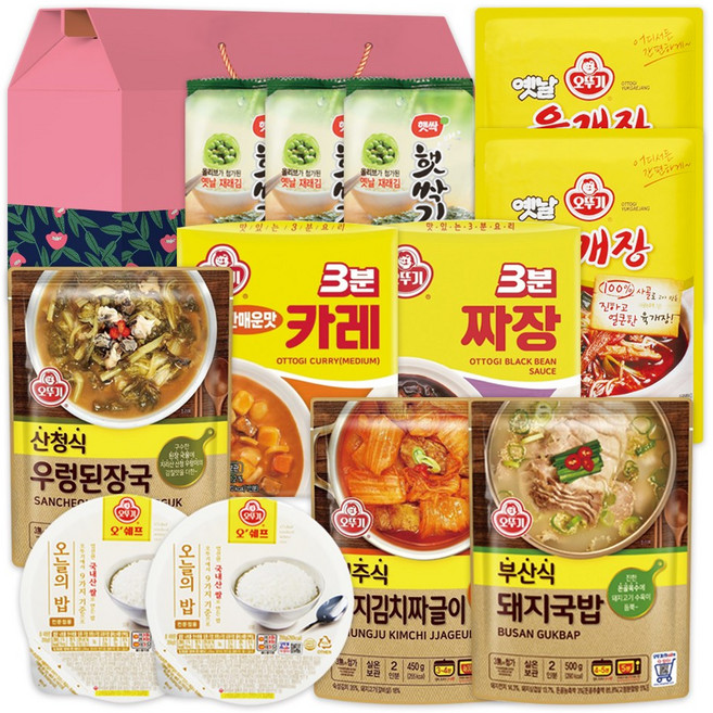 오뚜기 즉석식품 선물세트 18호 분홍상자 (즉석밥+도시락김+카레+짜장+우렁된장국+돼지김치짜글이+돼지국밥+육개장), 1개