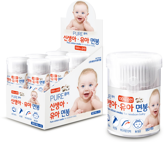 HK팜 유아용 퓨어 면봉, 12개, 180개입