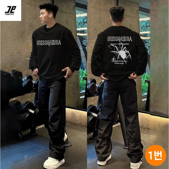 TIMEPURE 인기판매중 100%면 남성 아메리칸 프린팅 오버핏 검정색 티셔츠 봄 가을 빅사이즈 운동 핼스 긴팔 티 가을 내복용 긴팔