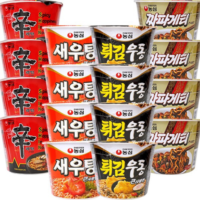농심 큰사발 신라면 4개+새우탕 4개+튀김우동 4개+짜파게티 4개 컵라면 학교 학원 사무실 간식, 1박스