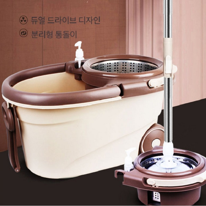 즐거운청소 물걸레 회전청소기(트윈스핀) 통돌이세트(스텐통돌이+밀대+회전걸레2) 회전걸레 탈수 스텐레스 통돌이 마포 짤순이 극세사 주방선물 BROWN Sky, 브라운통돌이+밀대+걸레2장
