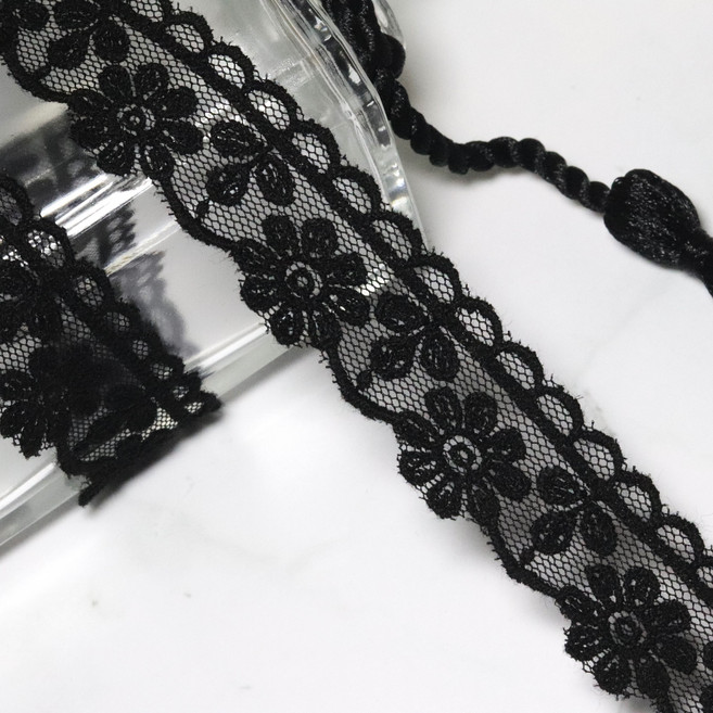 다알리아 23색 2cm x 90cm 망사 레이스 면실, 블랙