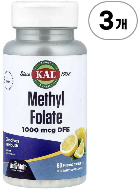 KAL 메틸 폴레이트(활성엽산) 1 000mcg DFE Methyl Folate 1 000 mcg DFE 60정, 3개 - 쿠팡