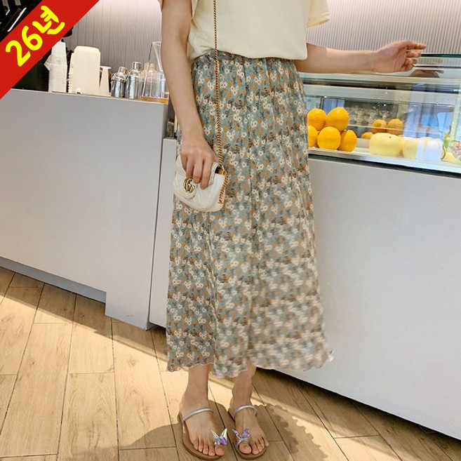(26년 신상) 150kg까지 빅사이즈 여성 빈티지 플라워 하이웨이스트 쉬폰 스커트 여름 편한 프렌치 우아한 주름 드레이프 오버핏 패션 분위기 휴양지 프린트 롱 a라인 우산 스커트