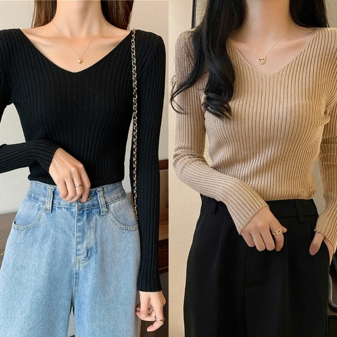 MU랑 여성 쫀쫀한 브이넥 슬림 긴팔 골지 니트 2P