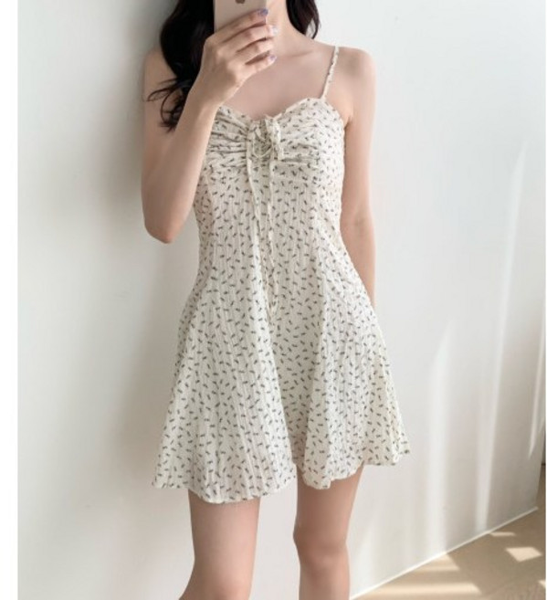 꽃나염 나시 원피스 끈조절가능 바캉스 페스티벌 워터밤 워터파크, 화이트