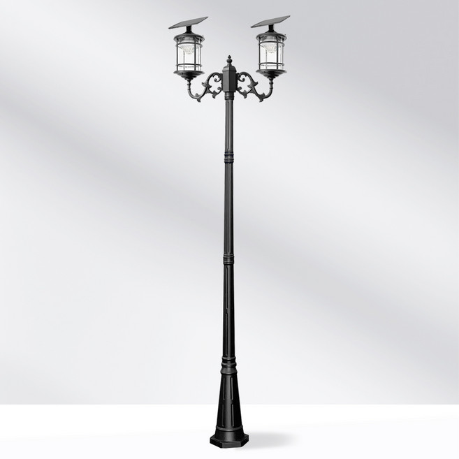 나눔조명 태양광 가로등 2등 볼라드등 열주등 전원주택 실외 정원 LED, 태양광 2등 꽃가지 (상향) 갓실린더등, 흰빛, 총 높이 2.8M (기둥 2.3M) [검정]