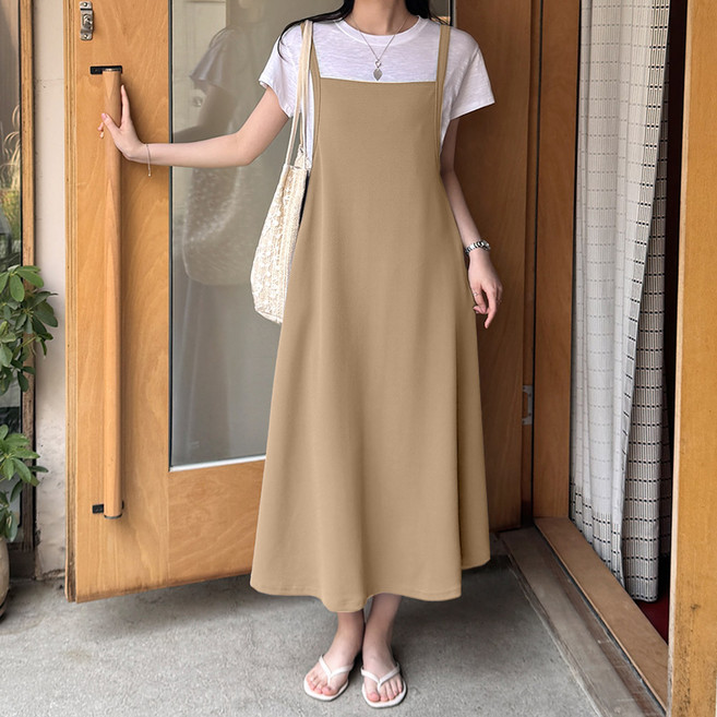 데일리앤 타르트 시원한 엠보 플레어 레이어드 멜빵 뷔스티에 끈 나시 롱 원피스 여름