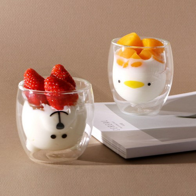 귀요미 캐릭터 내열 이중유리컵 2종 세트, Smiling Bear Yellow Duck, 3개