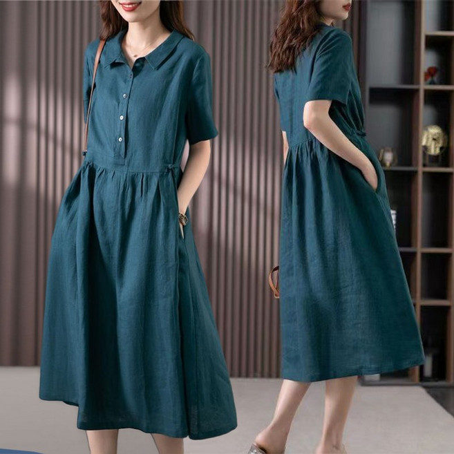 여름 루즈핏 반팔 면마 원피스 중년 엄마옷 순색 린넨 카라원피스 빅사이즈