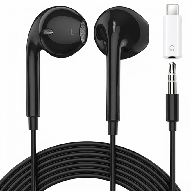 3미터 슬림 롱케이블 오픈형 유선 이어폰 3.5mm C타입 겸용, 블랙, 3M