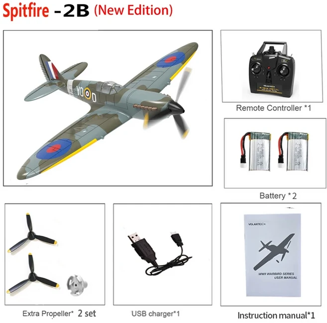 Volantex 761-12 스핏파이어 전투기 2.4G 400mm 윙 스팬 리모컨 RTR 원 스턴트 성인 및 어린이 선물, 01 CHINA, 01 2B