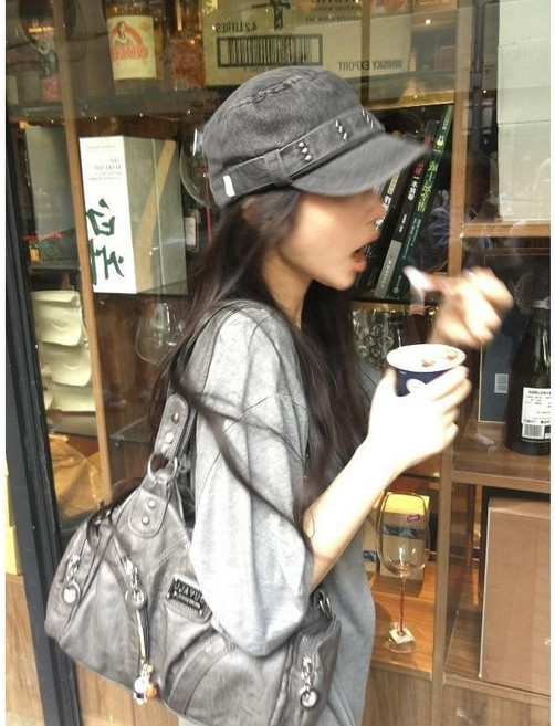 復古牛仔水洗做舊平頂鴨舌帽 眾鉚釘百搭顯臉小