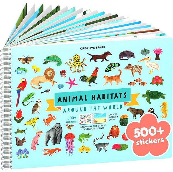 CUPKIN 미국매장정품+ Animal Habitat 500+ 아동용 스티커 북 유아 비행기 여행 활동 컬러링 및 로드 트립 필수품 페이지 12장 + 2~8세용 12가지 장면, Animal Habitats.