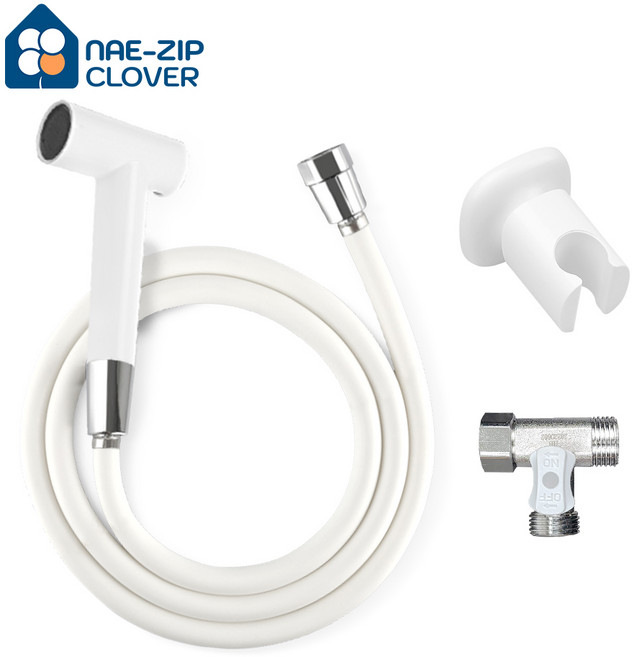 2in1스프레이건+물때방지샤워호스+접착식거치대+황동 T 밸브 세트, 2in1 화이트, 2m