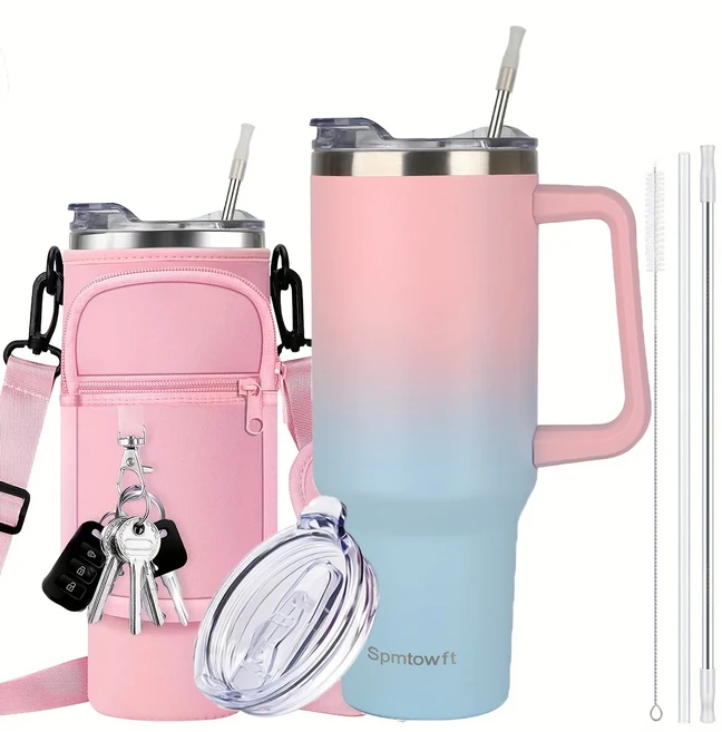 개인 맞춤형 이름 물병 이중층 진공 단열 디자인을 갖춘 40온스 스테인레스 스틸 여행용 머그, powder blue, Engraved Name, 1개