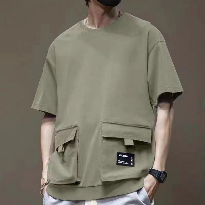 綠色機能工裝短袖t卹男寬鬆時尚大碼日系潮牌肥大立體口袋半袖男.