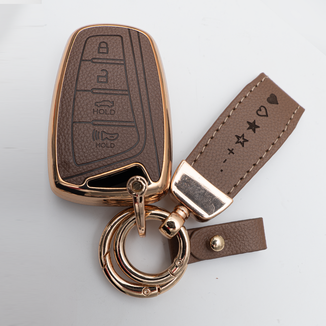 양면각인 현대 호환 아슬란 에쿠스 산타페DM 더프라임 제네시스DH 맥스크루즈 리모컨 가죽 차키케이스 커버 스마트키 4버튼 키홀더 스트랩, TL06_KH17, 브라운골드