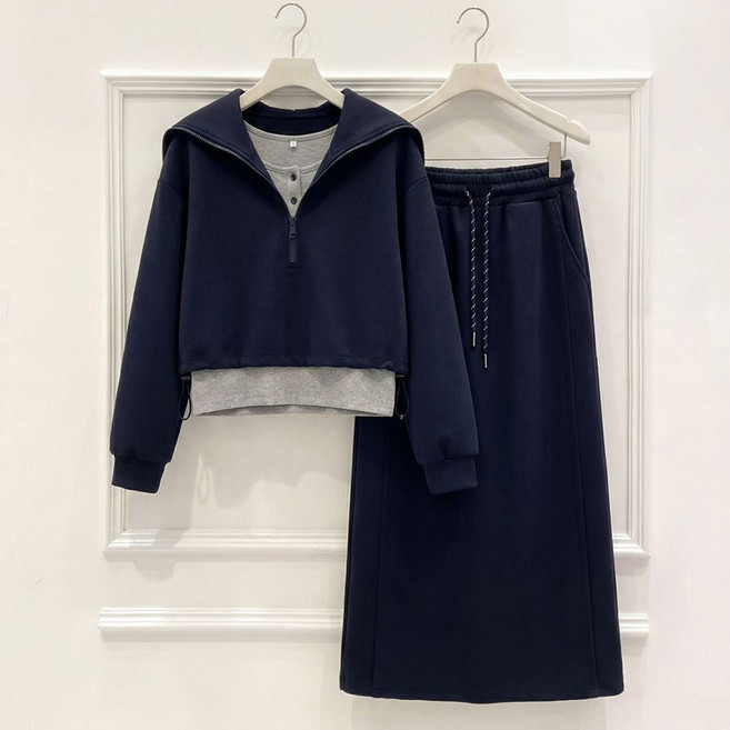 여성 봄가을 세트 루즈핏 반집업 맨투맨+밴딩 롱스커트 투피스 세트