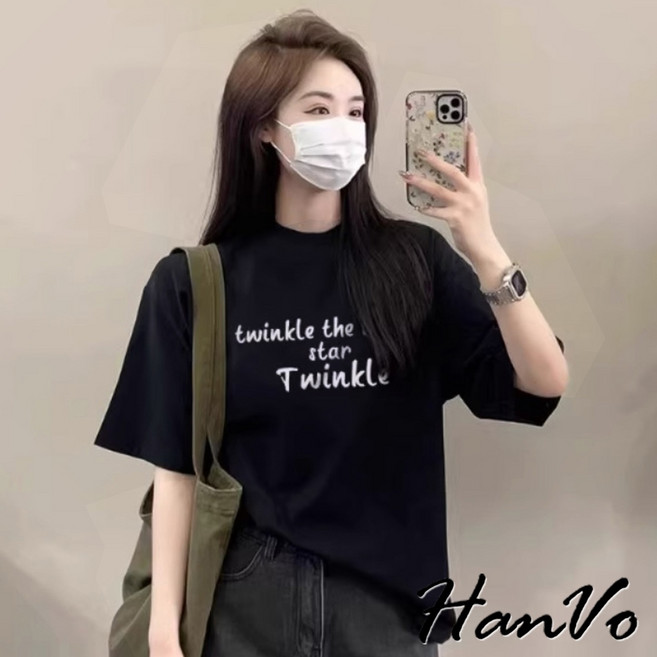HanVo 英文字寬鬆純棉T恤 休閒簡約質感 韓系女裝