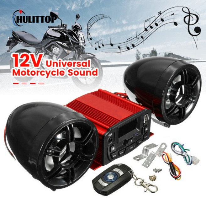 호환 오토바이 오디오 리모컨 스테레오 스피커 2개 레드 사운드 시스템 SD USB MP3 방수 FM