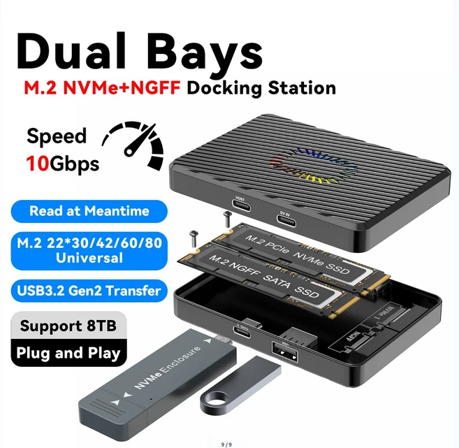 듀얼 베이 NVMe SATA SSD 인클로저 M.2 듀얼 NVMe 하드 드라이브 케이스 10Gbps USB C 3.2 GEN2 외장 하드, 02 NVME and NGFF, 01 China Mainland