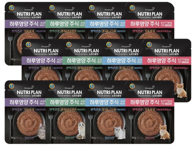 뉴트리플랜 하루영양 주식파우치 80g x 12개 4종 모음 고양이사료 촉촉한고양이사료 고양이습식파우치, 01.영양파우치 키튼 닭참치 80g 12개
