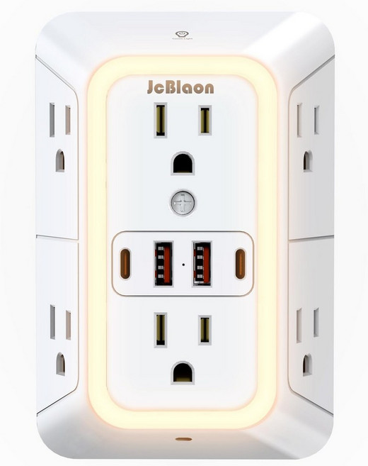 야간 조명이 있는 월 아웃렛 익스텐더 4개의 USB 충전 포트가 전원 플러그 어댑터 6 1050J 스트립 멀티 홈 트래블 오피스2U2C용으로 간격을 두었습니다, Black-1Pcs